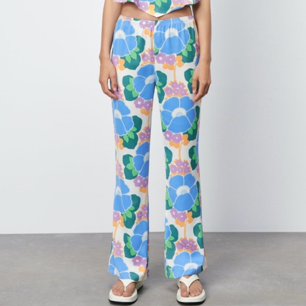 Zara women's printed pajama style wide leg pants